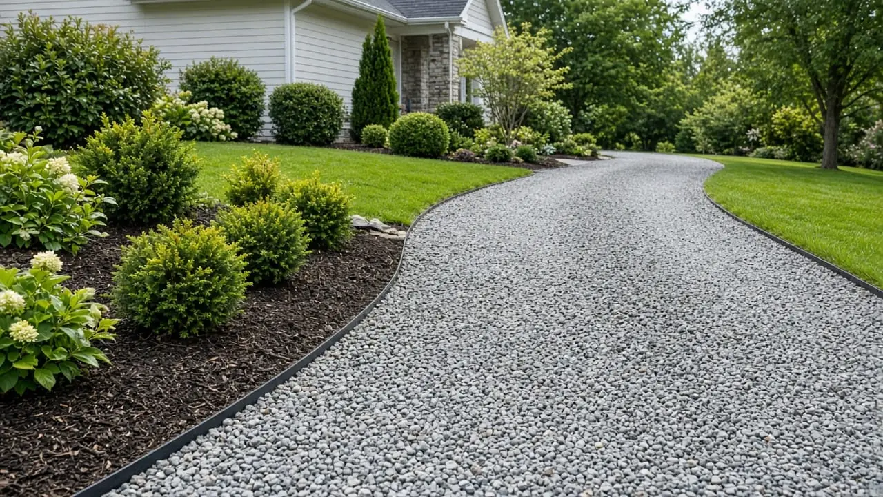 Finished crushed-stone gravel driveway beside a suburban lawn